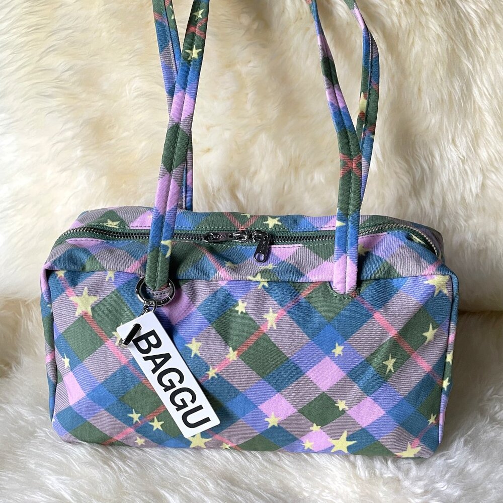 NWT Baggu Regular Nylon Bowler Bag - Green Star Plaid